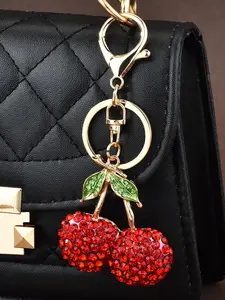 Fruit Alloy Rhinestone Small Cherry Keychain, Keychain For Bags, Fashionable Bag Charm for Women, Stylish Accessory, Perfect Gift Idea