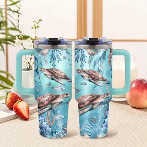 Sea Turtle 40oz Stainless Steel Tumbler with Handle & Straw Marine-Themed Water Bottle BPA-Free 304 Steel Leakproof for Coffee Tea Tortoise Design Pink Blue Car Travel Home Drinkware Mug