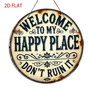Vintage Round Wooden Welcome To My Happy Place Sign, Yard Sign, Rustic Wall Decor with Lettering, Easy Hang for Home, Office, or Garden