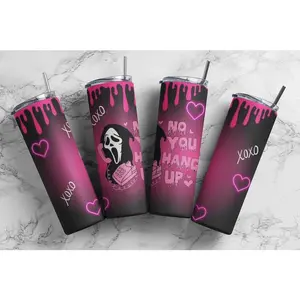 Scream Ghostface Pink Stainless Steel Tumbler – Funny Horror Movie Quote Drink Cup – Insulated Glitter Travel Mug – Valentine Gift – 20oz