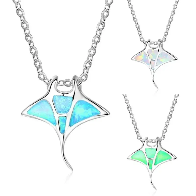 Manta Ray Fish Pendant Necklace Chains Marine Organism Sea Fish Crystal Stone Choker Necklaces Women Jewelry Accessories