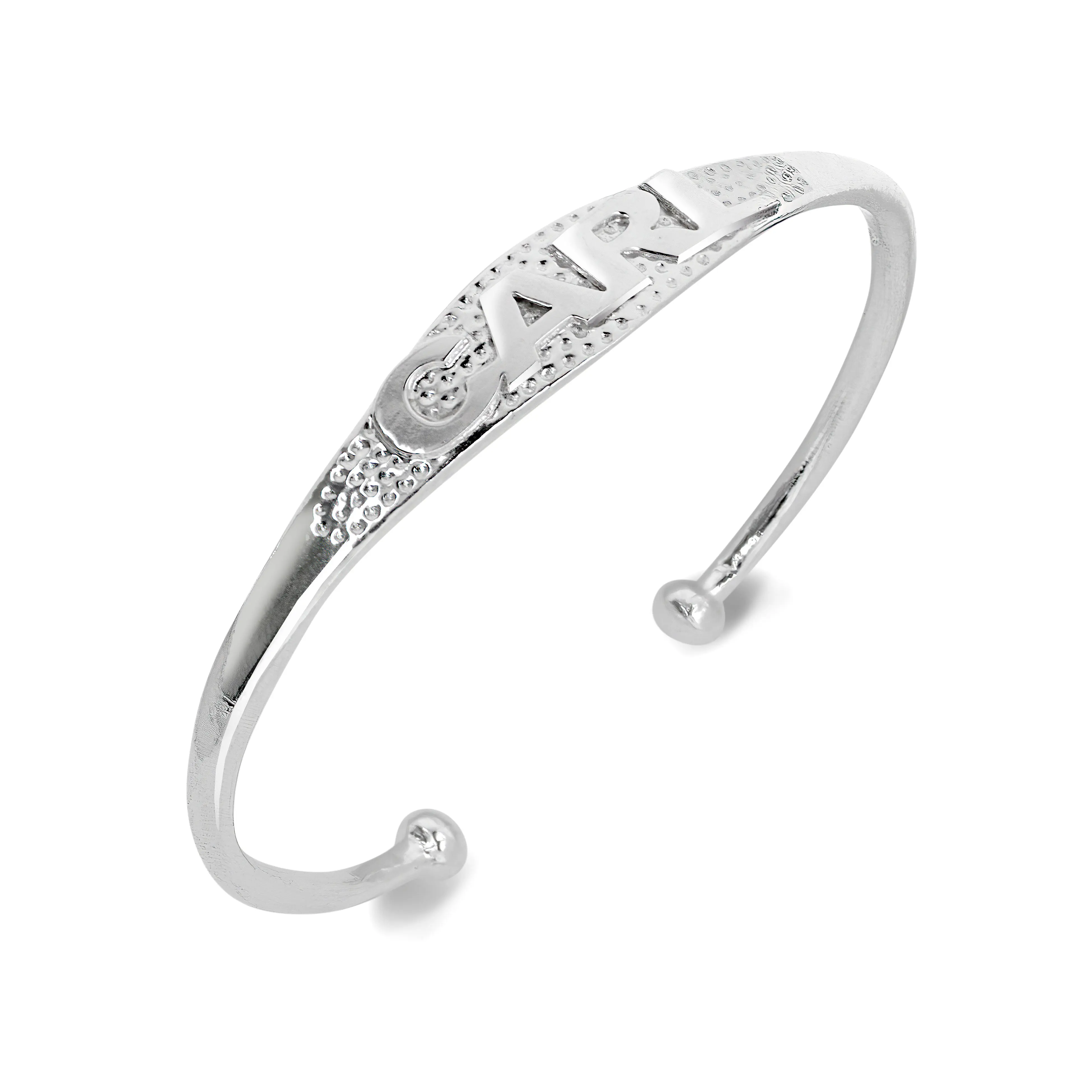 Personalized 925 Sterling Silver Custom Name Plate West Indian Bangle with Ball Ends