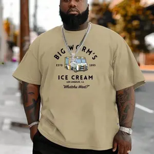 Plus Size Men's Slogan & Bus Graphic Round Neck Short Sleeve Casual T-Shirt "BIG WORM'S ESTO ICE CREAM What's The Deal?"  Menswear Tops Tshirt Streetwear Crewneck