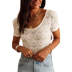 White Lace Short Sleeve Scalloped Trim Open Back Bodysuit Womenswear Medium Tops Underwear Lady Comfort