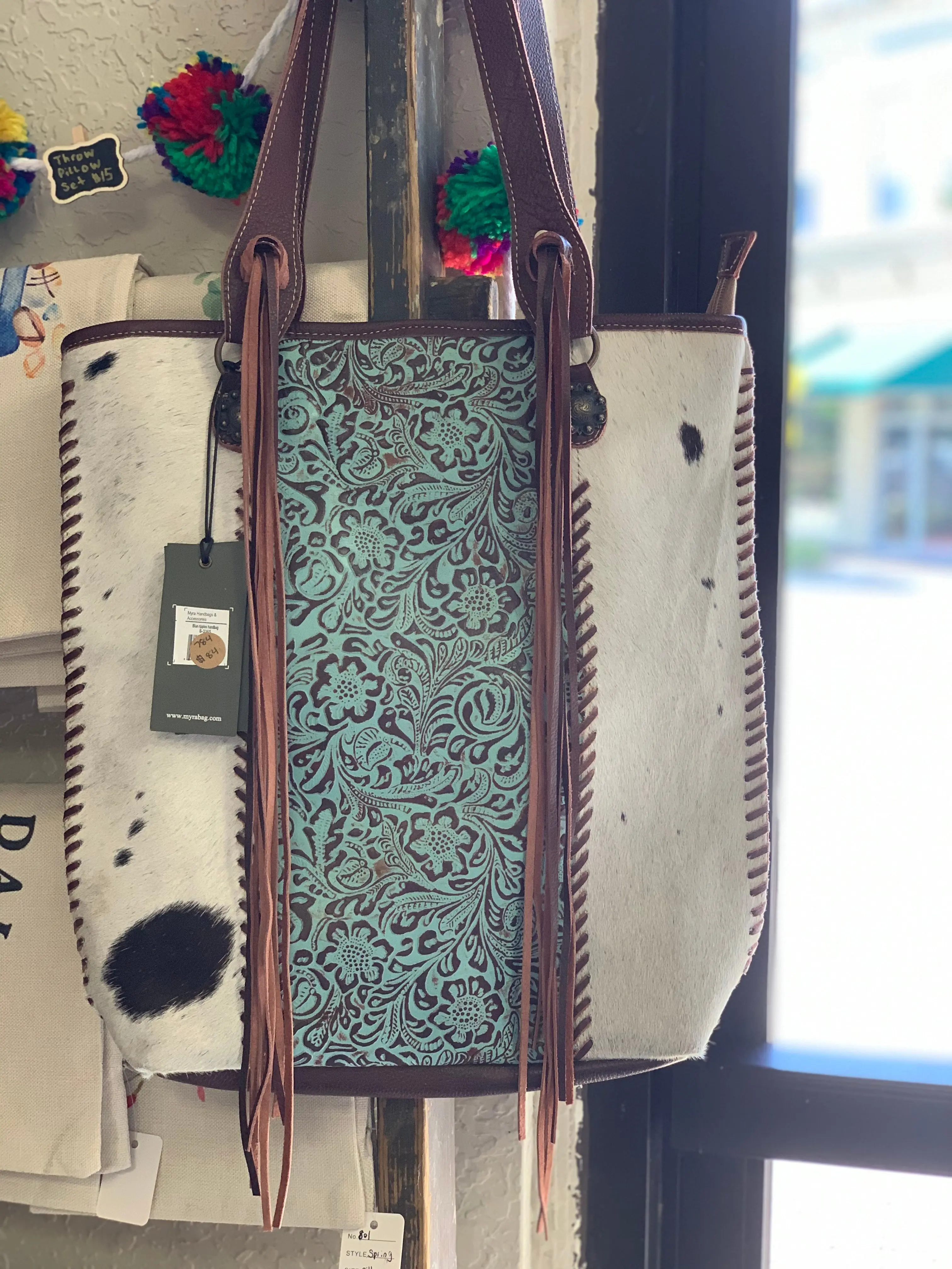 Myra tooled leather and cowhide tote Myra tooled leather and cowhide tote