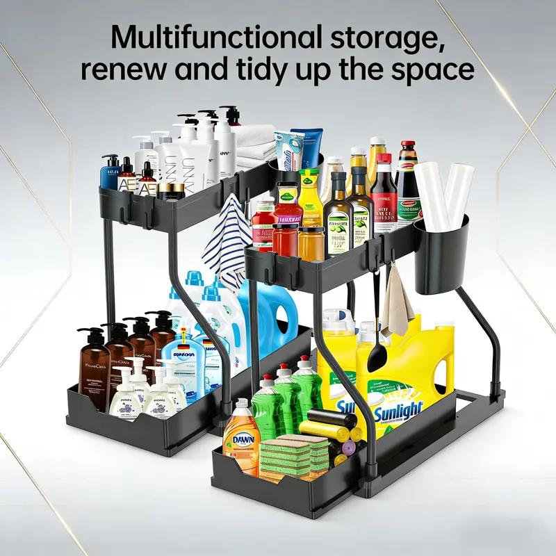 Multi-Purpose 2-Tier Under Sink Organizer with Sliding Pull-Out Basket, Space-Saving Storage Shelf for Kitchen & Bathroom cap door makeup brush holder anniversary wedding gift cosmetic storage basket shoe must have usb rechargeable pump home shelving