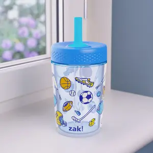 Zak Designs 12oz Sports Kids Straw Tumbler, Double Wall Durable Plastic Tumbler with Silicone Straw Utilizing Leak-Proof Valve, Travel Straw Tumbler
