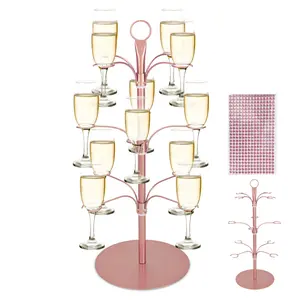 Cocktail Tree Stand for Drinks,Champagne Tower, 3 Tier - 12 Holders Drink Tower,Wine Glasses Holder for Champagne, Cocktails, Martini, Margarita Cups, Bar Drinks Tree Display Wine Glasses Holder for Party Christmas Weddings Bridal Shower(Pink)