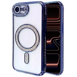 Magnetic Glitter Diamond for iPhone 16E SE4 Case Shiny Rhinestone Camera Lens Protector Bling Clear Slim Case