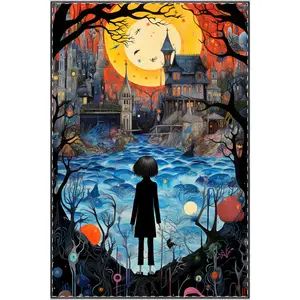 Silhouette Child by Moonlight Poster | Fantasy River Night Illustration Satin Poster
