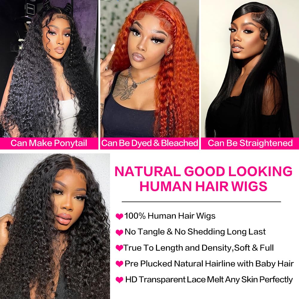 40 38Inch Deep Wave Glueless Lace Front Wigs Human Hair 180 Density 13x4 HD Transparent Lace Frontal Wigs Human Hair Pre Plucked Deep Curly Glueless Wigs Human Hair for Women Natural Black