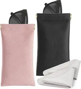 Glasses Case 2 Pack Soft Sunglass Case Portable Squeeze Top Leather Eyeglass Case Pouch