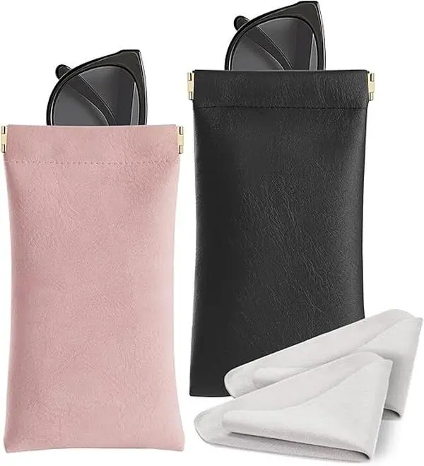 Glasses Case 2 Pack Soft Sunglass Case Portable Squeeze Top Leather Eyeglass Case Pouch