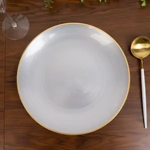 20-Pack 10" Plastic Dinner Plates, Round Transparent Pearl White Swirl with Gold Rim – Crystal-Like Elegant Party Plates