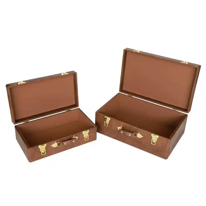 Storage Trunks with Wood Frame, Set of 2 PU Leather Storage Chests with Handles, Nesting Decorative Boxes Hinged Lid with Golden Hardware Accents for Home Storage Decor, Storage Boxes for Organizing
