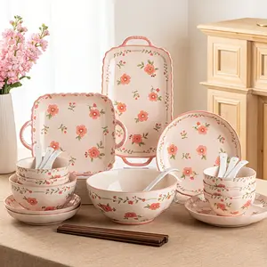 24/36/48-piece ceramic tableware set with peach blossom pattern in pink tone, perfect for spring, microwave safe and dishwasher washable