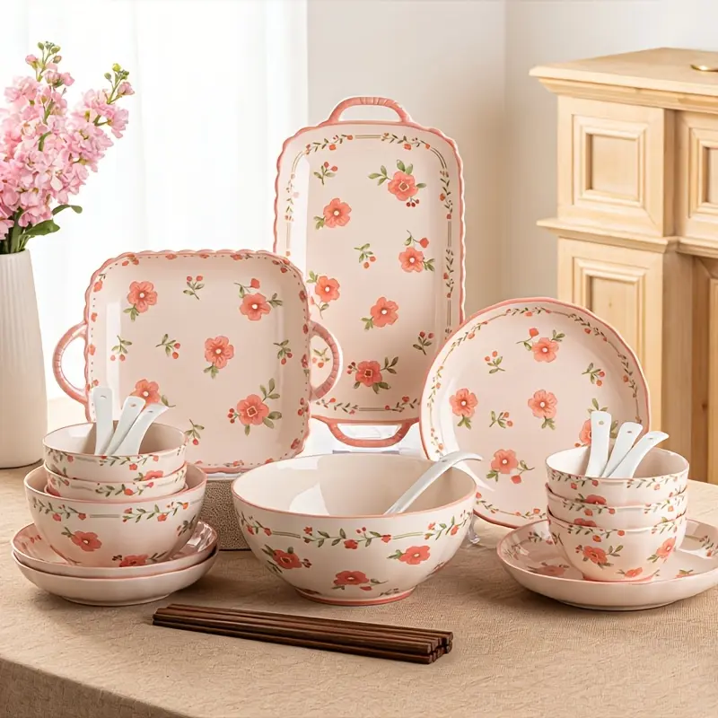 36/48-piece ceramic tableware set with peach blossom pattern in pink tone, perfect for spring, microwave safe and dishwasher washable
