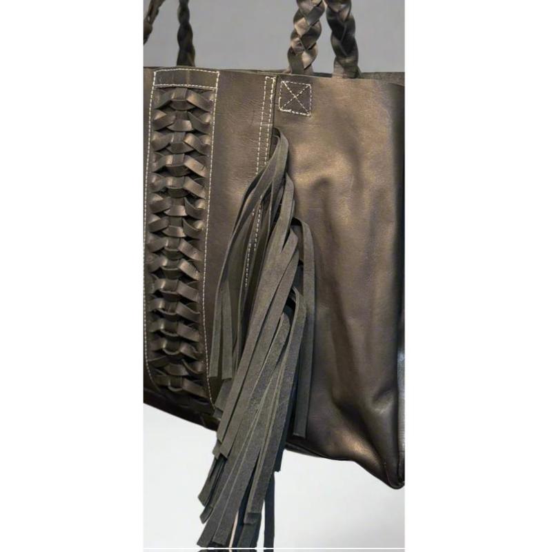 Untammed Traveler Weekender Bag - Leather Tote with Braided Straps & Fringe - Spacious Inside Pocket - Black Brown Red Options