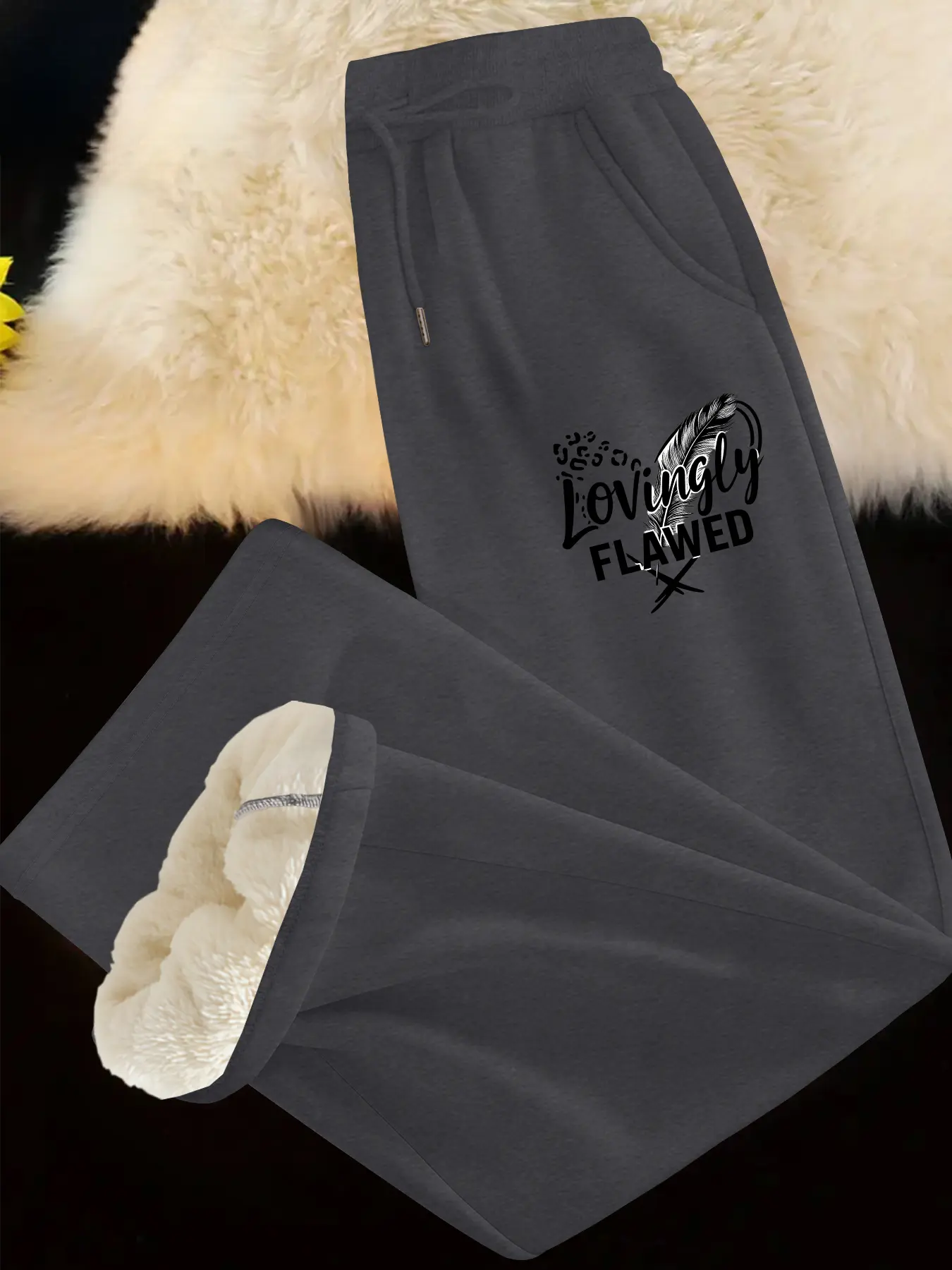 Women's Fleece Lined Long Pants, Casual Straight Leg Drawstring Waist, Heart & Feather Print, Fall & Winter Warm Trousers