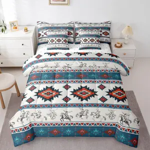 Western Cowboy Comforter Set with Sheets 7 Piece Southwestern Aztec Pattern Bed in a Bag Kids Boys Girls Horse Riding Design Bedding Set Ranch Farmhouse Bedroom Decor Teal and Red