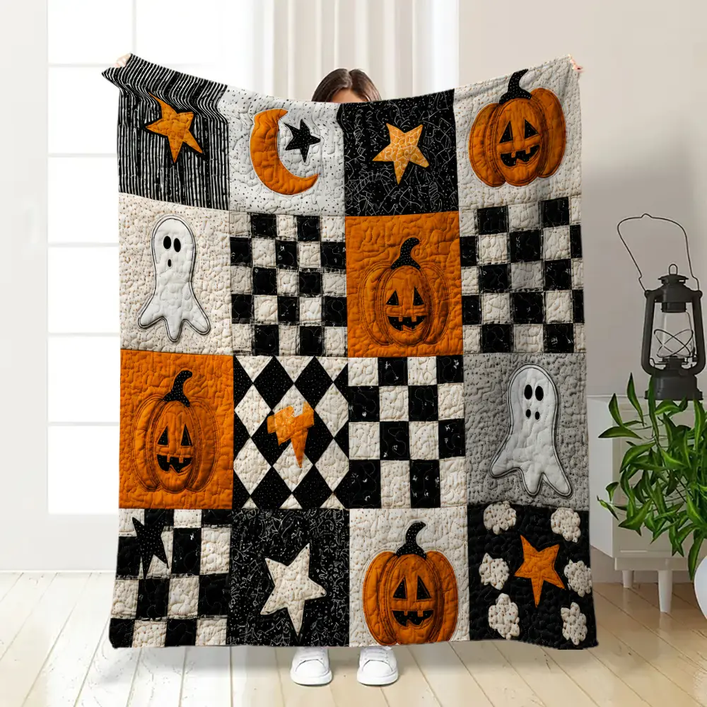 Modern Farmhouse 4×4 Quilt Patch Halloween Flannel Throw Blanket,Black-White Checkerboard Diamond Grid Block, Jack-o'-Lantern Cute Ghost Star Crescent Moon Design, Soft Fleece, Fall Bedroom Decor, Kid-Friendly All-Season Gift