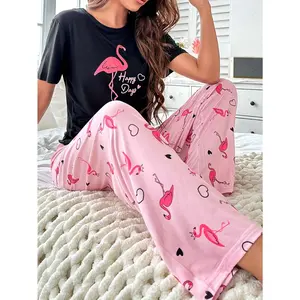 Cozy Flamingo Print Pajama Set for Women - Soft Short Sleeve Round Neck Top & Pants, Comfortable Relaxed Fit, Casual Sleepwear for Lounging Around - Slogan Design, Vibrant Colors, Breathable Fabric, Easy Care