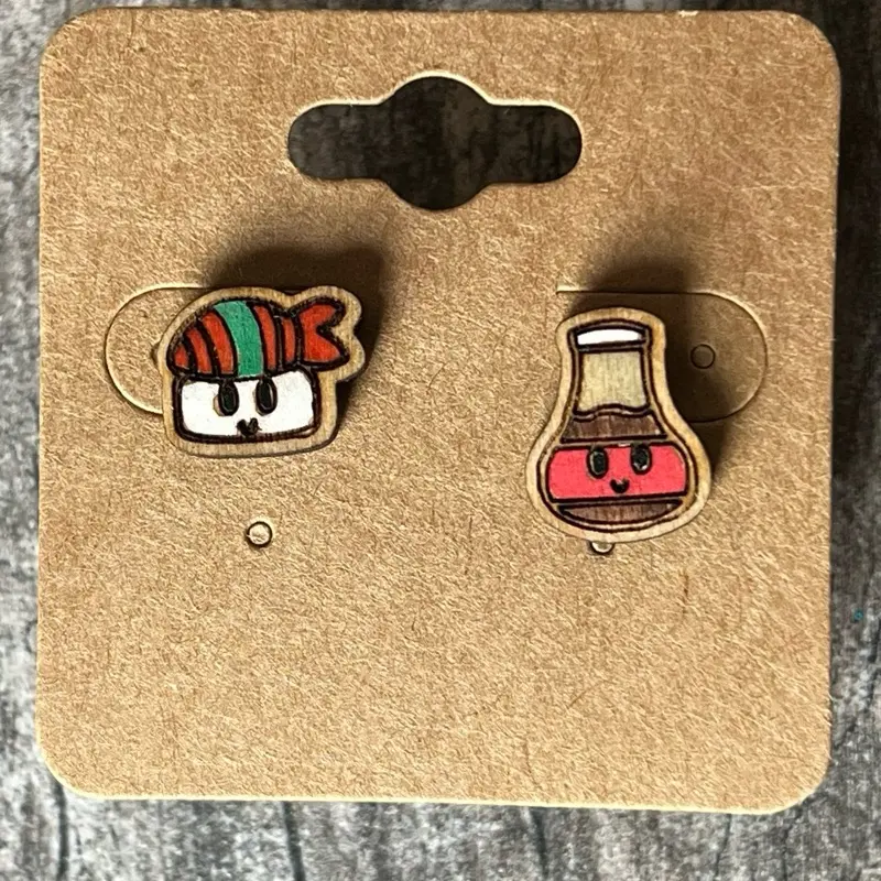 Sushi and Soy Sauce Stud  Earrings  Handpainted Laser Cut Wood Food Pairings Playful and Fun Earrings