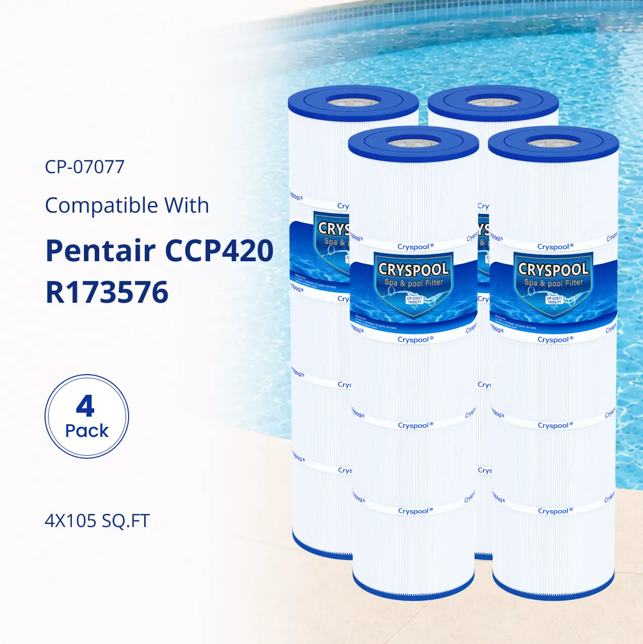2026 Pool Filter Compatible with Pentair Clean & Clear Plus 420 (CCP420) | Replaces R173576, PCC105-PAK4, FC-1977, C-7471, FC-6470, 178584 | Cryspool 4x105sq.Ft Pool Filter Cartridges, Swimming Pool Accessory, 4 Pack
