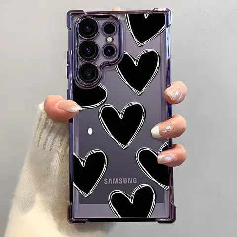Luxury Love Heart Pattern Protective Slim Cover for Samsung S22 S23 S24 S25 S26 Ultra S24FE Plus S25+ S25Edge - Electroplated Airbag Frame, Airbag Shockproof, Easy-Remove Slim Soft TPU, Durable Mobile Phone Accessories with Lasting Plated Look