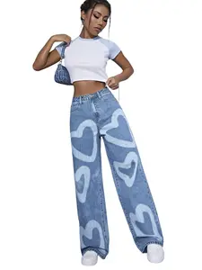 Women's Loose Fit Medium Blue Denim Wide Leg Pants, High Waist Washed Heart Print, Elastic Waistband, Casual Daily Wear