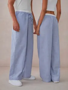 Men's Woven Stripped Loose Wide-leg Casual Straight Pants, Going Out Long Drawstring Baggy Basic Light Blue Slacks Pants, Fits Daily Wear, Husband, Boyfriend gifts.
