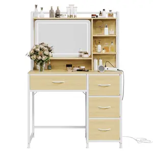Garvee Vanity Desk with Mirror and Adjustable LED Lights – 4 Fabric Drawers & Storage Shelves – Modern Bedroom Makeup Table – White and Natural Wood Color