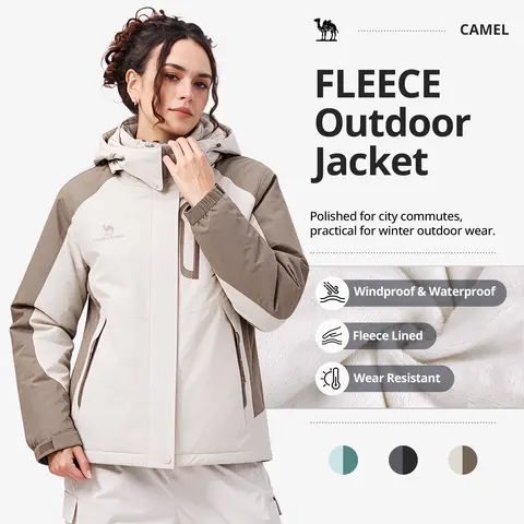 CAMEL Women's Ski Jacket - Winter Thick Warm Windproof Waterproof Athletic Techwear with Chest Zipper, Breathable and Moisture-Wicking Sports Outerwear for Hiking, Jacket for Women Suitable for Coastal Regions