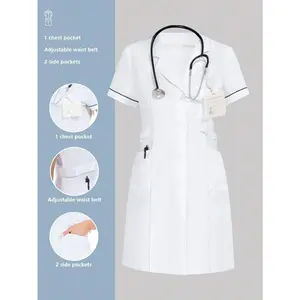 Cimmuovere women's short-sleeved, collared, fitted, slim-fit lab coat with pockets, suitable for medical, dental, veterinary, and laboratory settings. workwear clothes