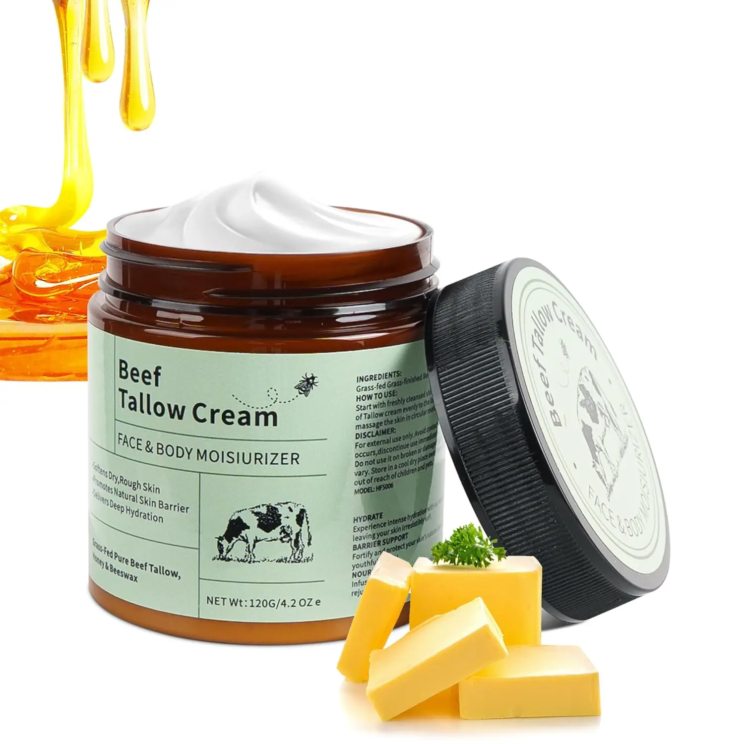 Tallow and Honey Balm Grass Fed Beef Tallow Raw Honey Moisturizer for Face and Body Natural Cream for Soft Smooth Skin 4.2 oz