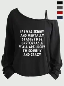 Plus Size Women's Loose-Fit Long Sleeve Cami Top, Asymmetrical Neckline, Letter Print, All Seasons, Sizes 1-8xl