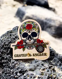 Grateful Angler Sugar Skull Wooden Sticker