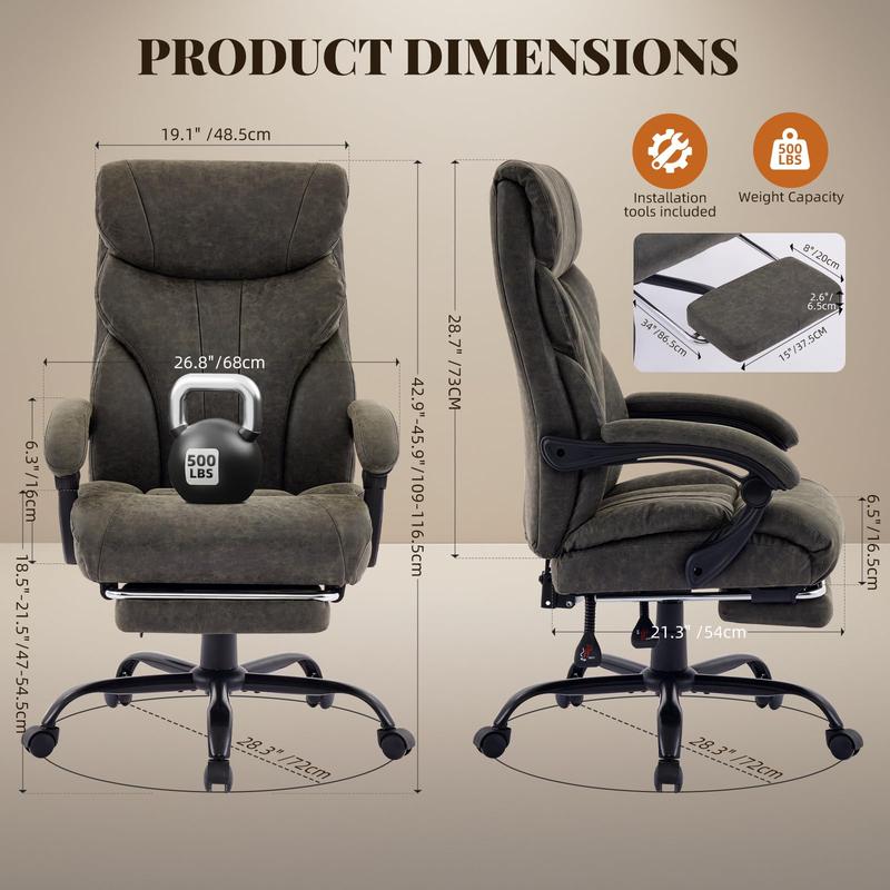 Gray Big and Tall Office Chairs with Foot Rest,500LBS Wide Ergonomic Gaming Chair,100-135°Recline Executive Leather Computer Chairs with Adjustable Height