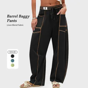 【SS26 Collection】Womens Baggy Barrel Linen Blend Pants Casual Minimalist Wide Leg Harem Pants Drawstring Loose Travel Boho Palazzo Pants with Pockets