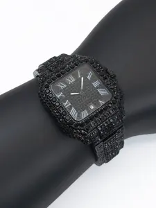 Black Diamond Men's Quartz Watch with Calendar & Luminous Hands, Fashion Luxury Hip Hop Watches For Man