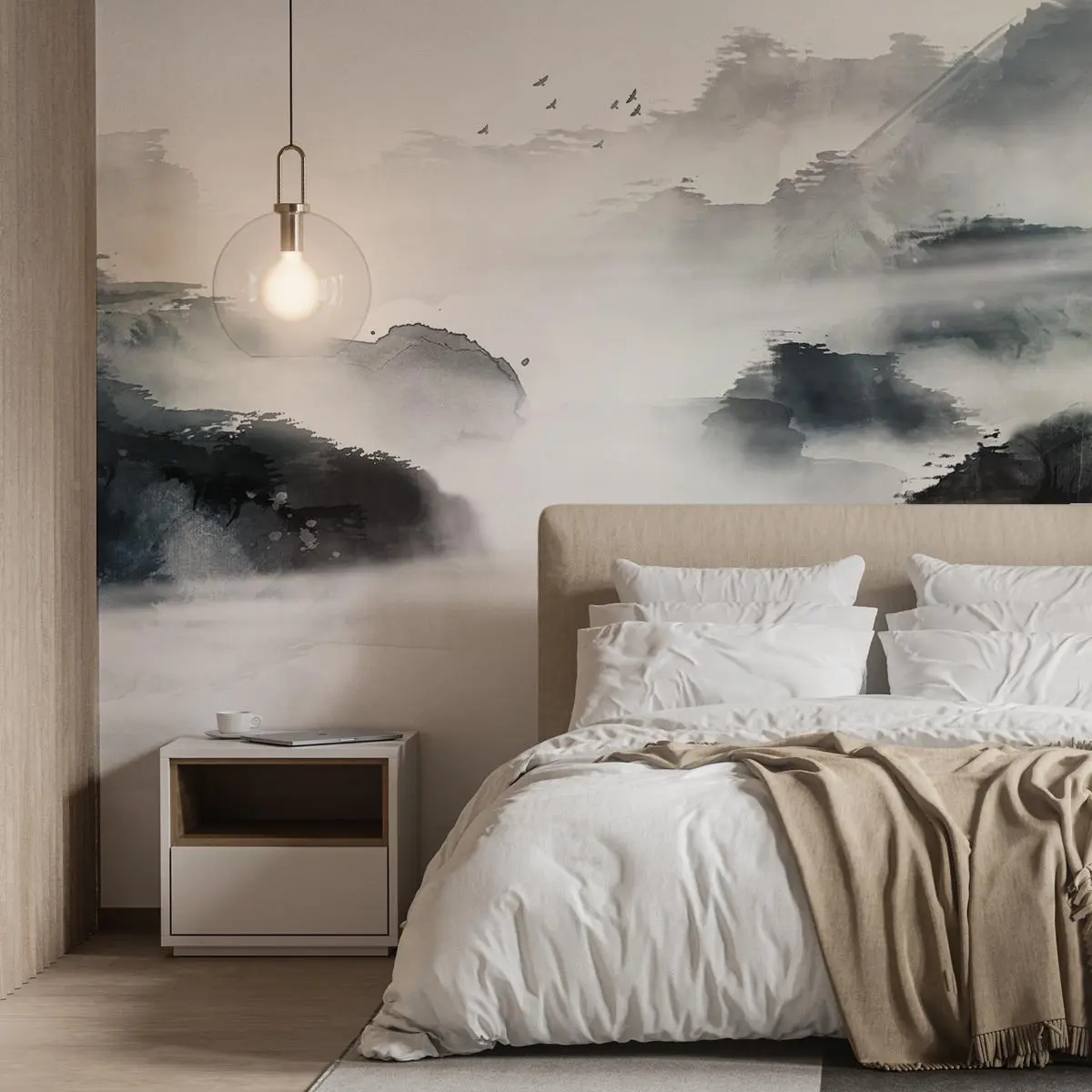 Chinese Mountain and Sea Pattern Wallpaper, 6 Counts/set Removable Self Adhesive Wall Decal, Wall Art Decor for Living Room Bedroom Home Decor
