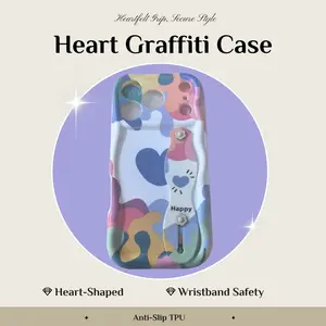 Colorful Heart-Shaped Graffiti Wave Case Waistband Case Full Protection Anti-Drop Phone Case for iPhone 17 Air 16 Plus 15 Pro Max 14 Pro 13 12 11 2026 Spring Case Best Holiday Gift Choice for Family Friends Lovers and Besties Anti-fall