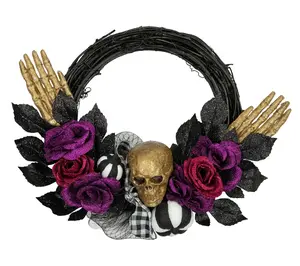 Northlight Skull w/ Hands and Roses Halloween Twig Wreath 22"