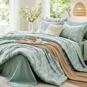 Queen Comforter Set 7 Pieces, Sage Green Bed in a Bag Queen Reversible Botanical Flowers Design, Ultra Soft & Breathable Bedding Sets with Comforter, Sheets, Pillowcases & Shams