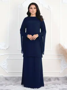 Daily Casual Baju Kurung Set, Lace Sleeve Chiffon Dress, Muslim Women's Fashion, Slim-Fitting, All Seasons, Plain Pattern