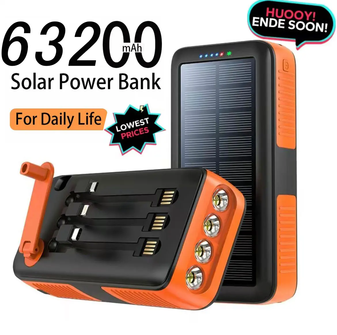 Portable phone charger, solar charging, built-in USB C 3.0A fast charging battery pack, 2 output ports and 2 input ports, suitable for smartphones and tablets, the best Christmas gift