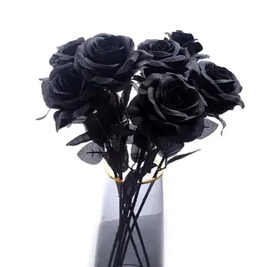 Black Silk Artificial Rose Flower Halloween Gothic Flowers Wedding Home Party Fake Flower Decor Decorative Fruit Light Plants