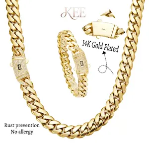 [Set] 14K Real Gold-Plated Cuban Necklace & Bracelet with Miami Link Chain Stainless Steel Thick Anti-Friction Chain and Diamond Clasp for Men and Women 6/8/10/12/14MM Colorfast Waterproof Thickened Hip Hop Jewelry Black Friday
