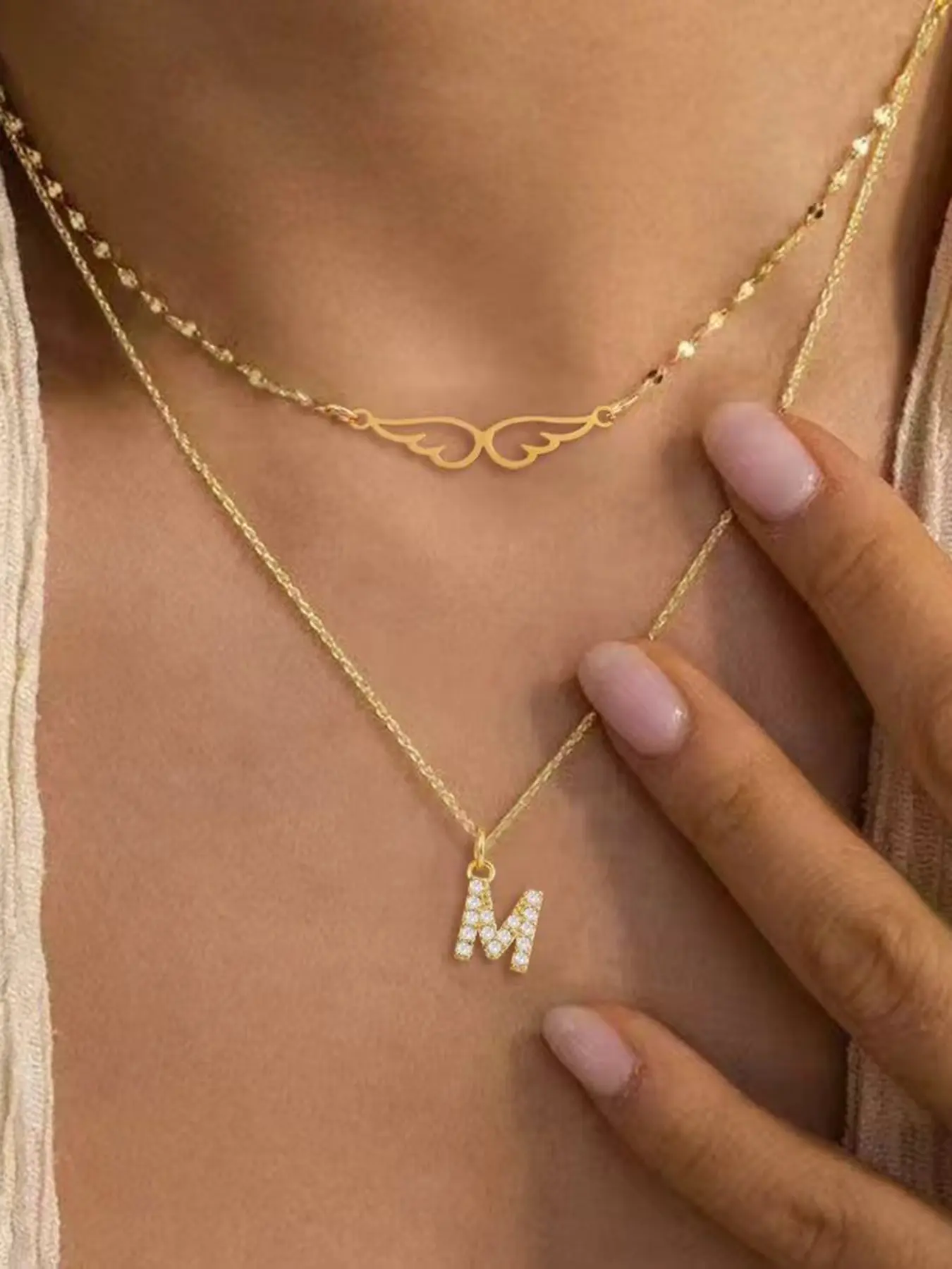 Women's Stainless Steel Necklace Set, Elegant Zirconia Initial Letter Hollow Wings Pendant Design, Multi-Layer Chain Jewelry for All Seasons, Fashion Jewelry