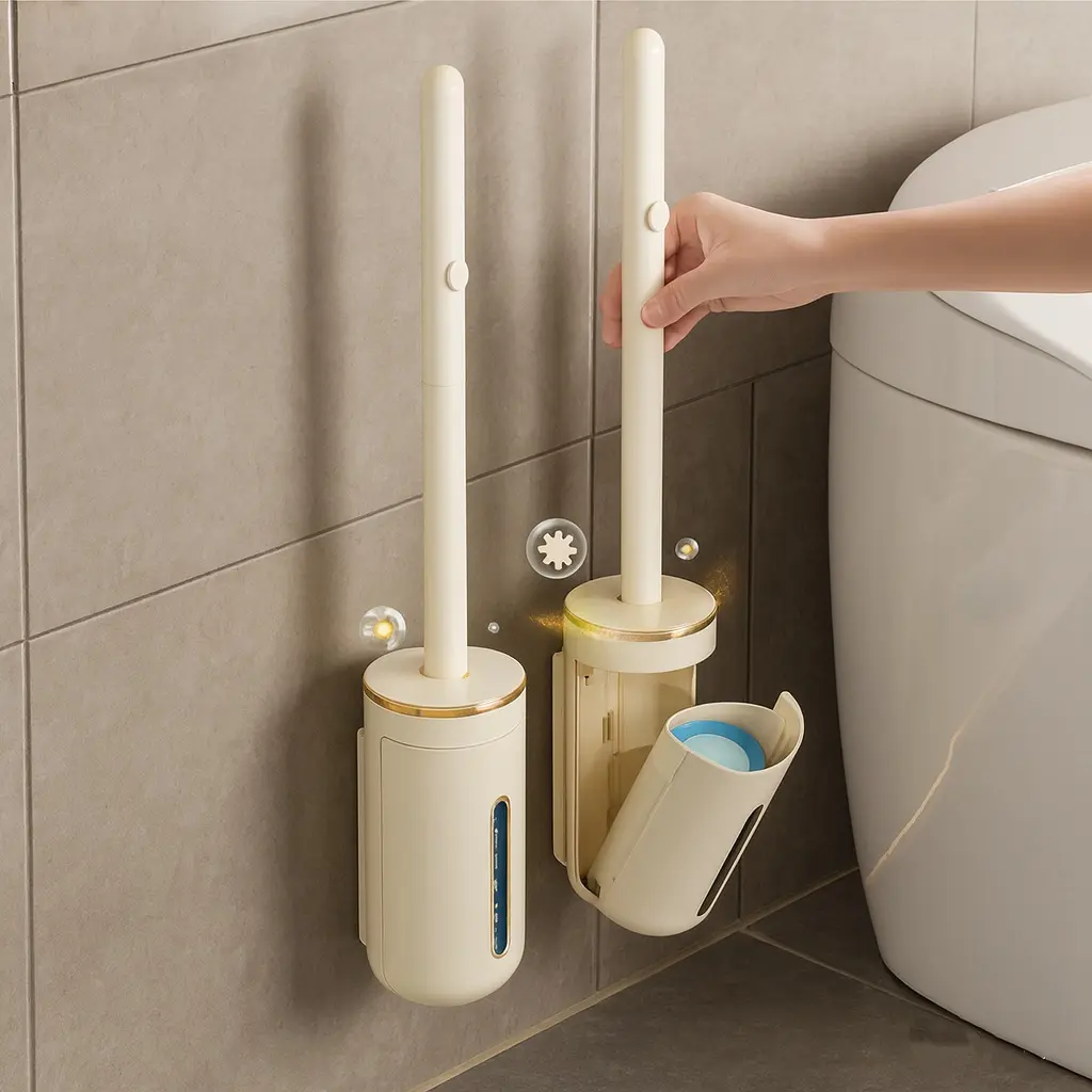 Disposable Toilet Wand Toilet Cleaning System, 3-Layer Deep Cleaning Plastic Brush, Wall-Mount Automatic Holder, Disposal-Ready Stain-Dissolving Heads